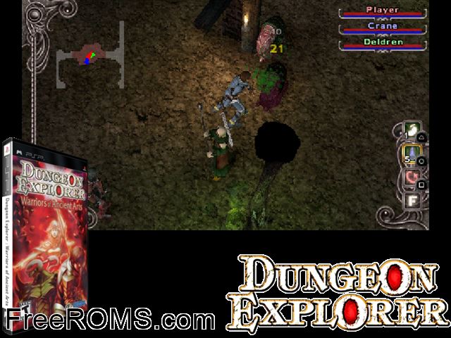Dungeon Explorer - Warriors of Ancient Arts PSP game showing 3D box cover and gameplay screenshot