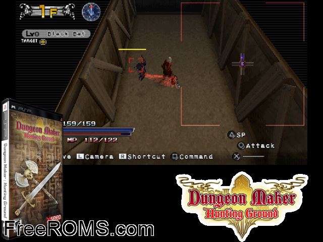 Dungeon Maker - Hunting Ground PSP game showing 3D box cover and gameplay screenshot