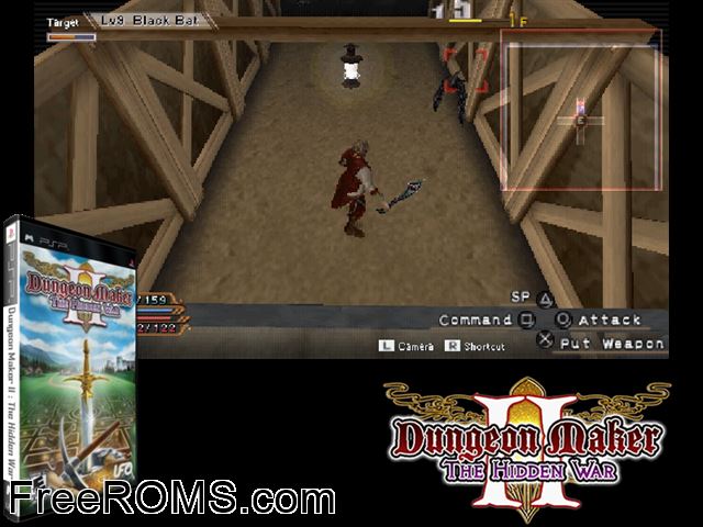 Dungeon Maker II - The Hidden War PSP game showing 3D box cover and gameplay screenshot
