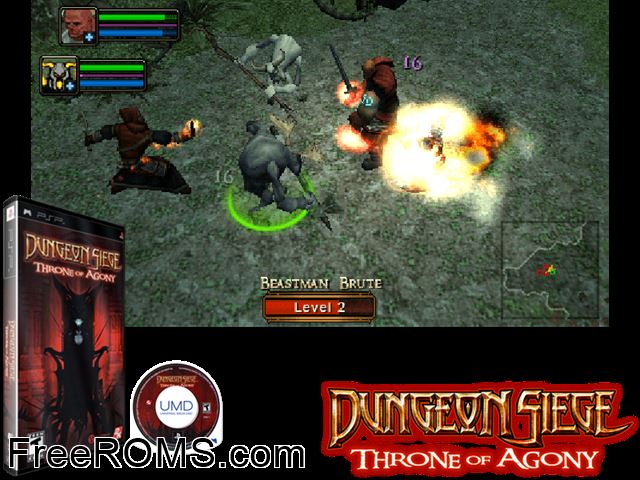 Dungeon Siege - Throne of Agony PSP game showing 3D box cover and gameplay screenshot