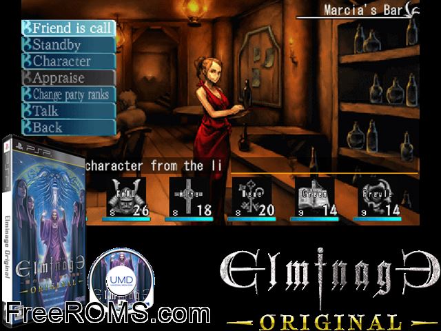 Elminage Original - Majo to Megami to Kamigami no Yubiwa (Japan) PSP game showing 3D box cover and gameplay screenshot
