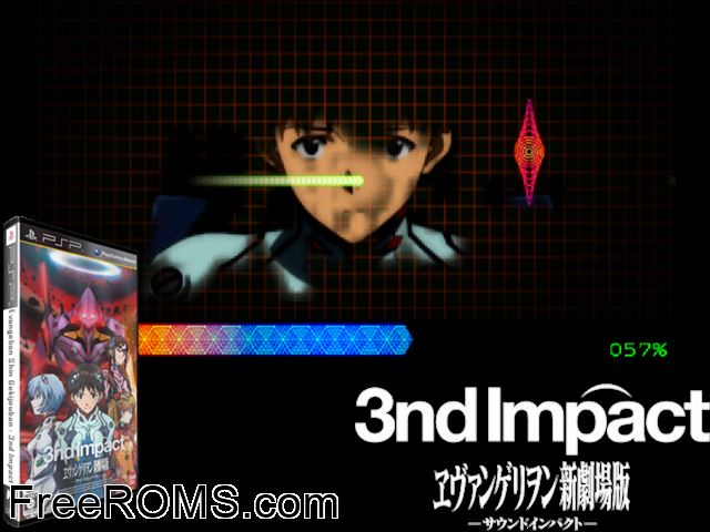 Evangelion Shin Gekijoban - 3nd Impact (Japan) PSP game showing 3D box cover and gameplay screenshot