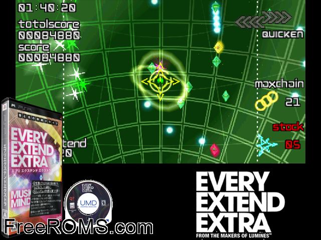 Every Extend Extra (Japan) PSP game showing 3D box cover and gameplay screenshot