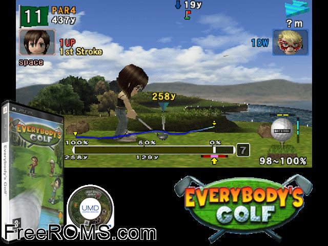 Everybody's Golf (Europe) PSP game showing 3D box cover and gameplay screenshot