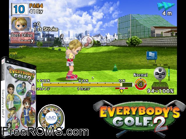 Everybody's Golf 2 (Europe) PSP game showing 3D box cover and gameplay screenshot