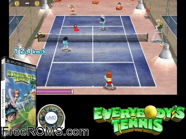 Everybody's Tennis (Europe) PSP game showing 3D box cover and gameplay screenshot