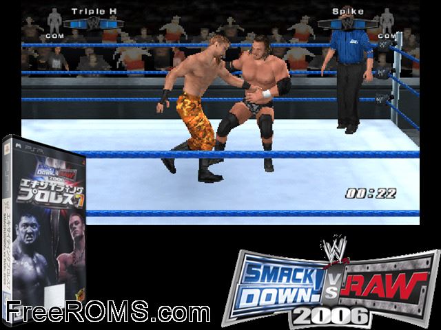 Exciting Pro Wrestling 7 - Smackdown! vs. Raw 2006 (Japan) PSP game showing 3D box cover and gameplay screenshot