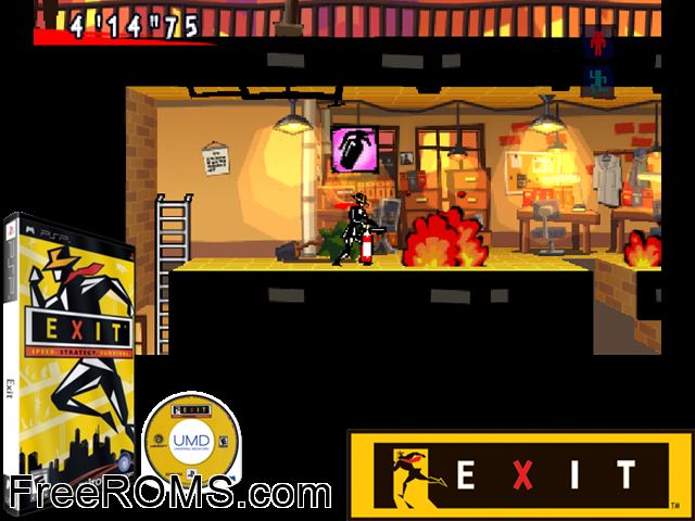 Exit (Europe) PSP game showing 3D box cover and gameplay screenshot