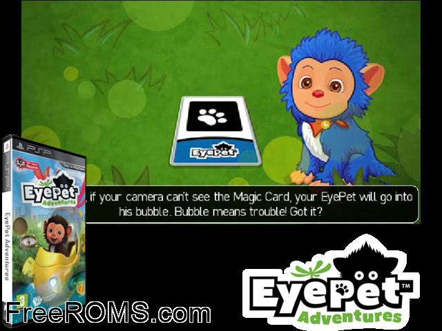 Eyepet Adventures (Europe) PSP game showing 3D box cover and gameplay screenshot