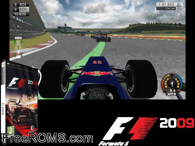 F1 2009 PSP game showing 3D box cover and gameplay screenshot