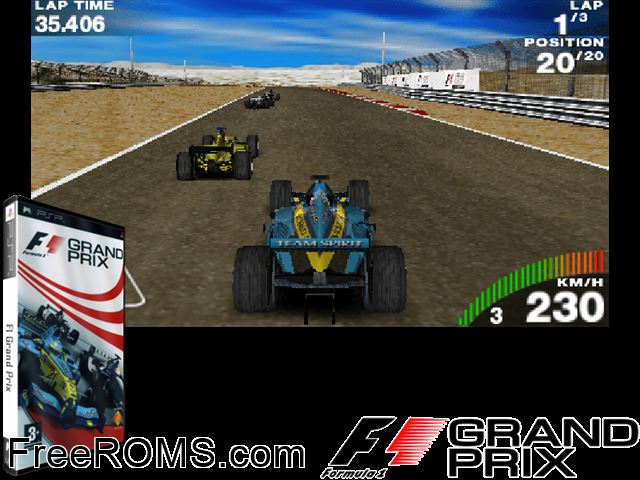 F1 Grand Prix (Platinum) (Europe) PSP game showing 3D box cover and gameplay screenshot