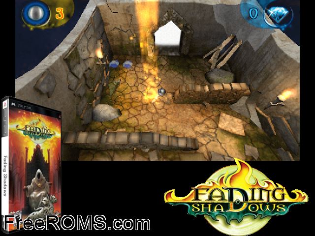 Fading Shadows (Europe) PSP game showing 3D box cover and gameplay screenshot