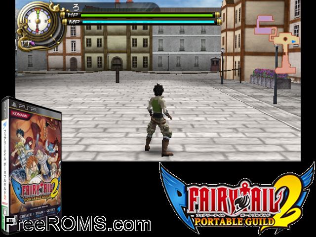 Fairy Tail - Portable Guild 2 (Japan) PSP game showing 3D box cover and gameplay screenshot