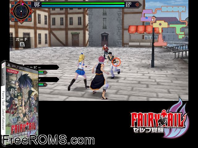 Fairy Tail - Zelef Kakusei (Japan) PSP game showing 3D box cover and gameplay screenshot