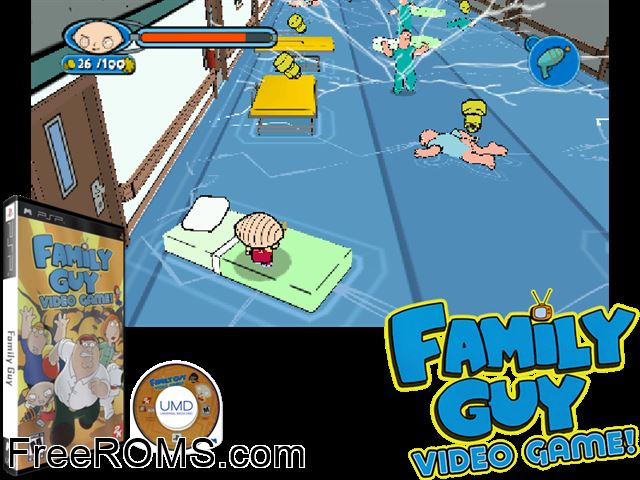 Family Guy (Europe) PSP game showing 3D box cover and gameplay screenshot