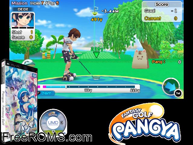 Fantasy Golf Pangya Portable (Japan) PSP game showing 3D box cover and gameplay screenshot