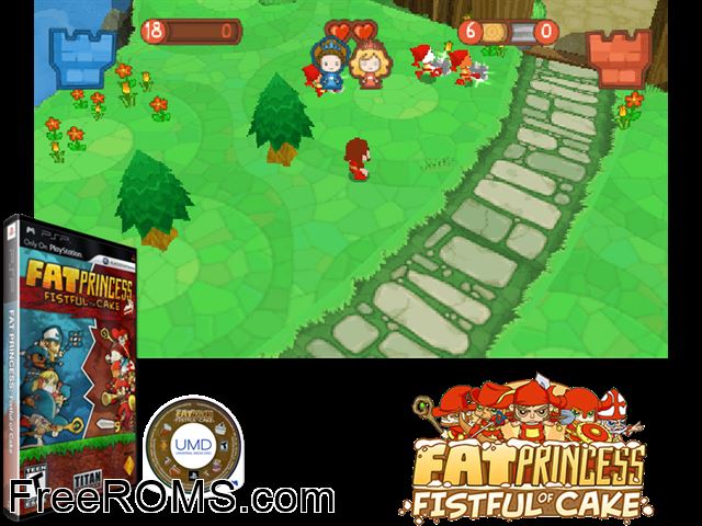Fat Princess - Fistful of Cake (Europe) PSP game showing 3D box cover and gameplay screenshot