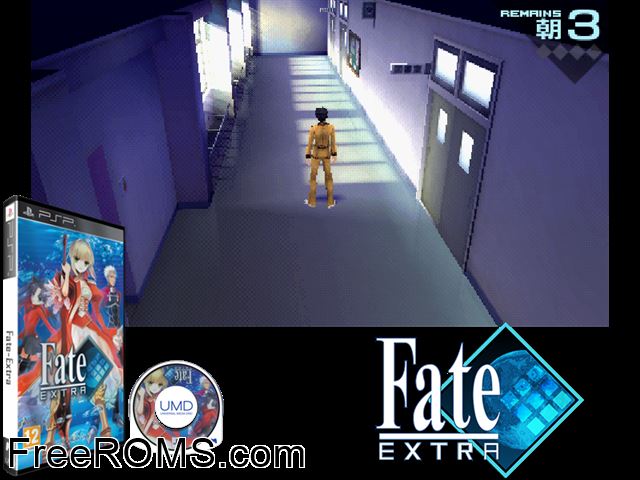 Fate Extra (Europe) PSP game showing 3D box cover and gameplay screenshot