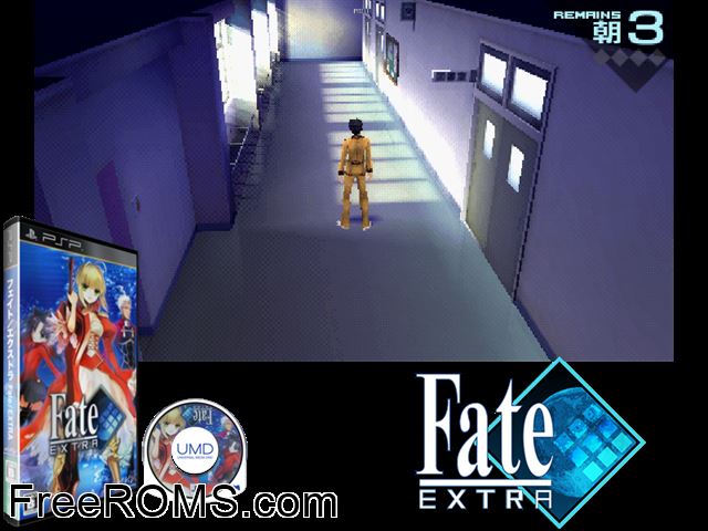 Fate Extra (Japan) PSP game showing 3D box cover and gameplay screenshot