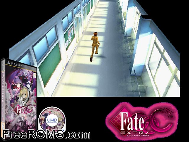 Fate Extra Ccc (Japan) PSP game showing 3D box cover and gameplay screenshot