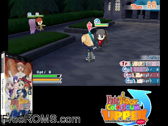 Fate Tiger - Colosseum (Japan) PSP game showing 3D box cover and gameplay screenshot