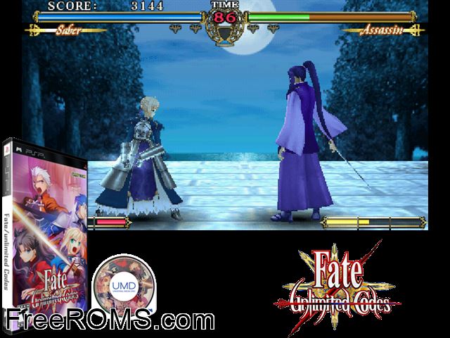 Fate Unlimited Codes PSP game showing 3D box cover and gameplay screenshot