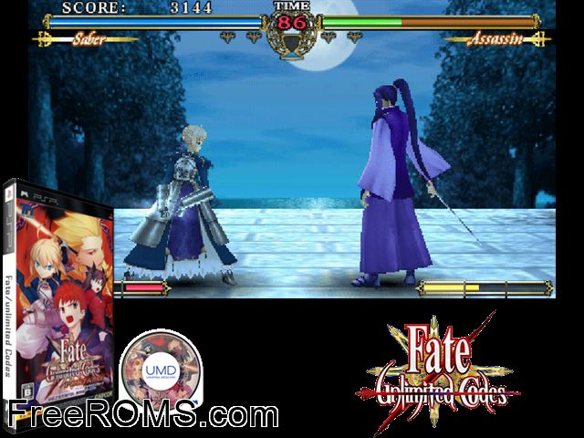 Fate Unlimited Codes Portable (Japan) PSP game showing 3D box cover and gameplay screenshot
