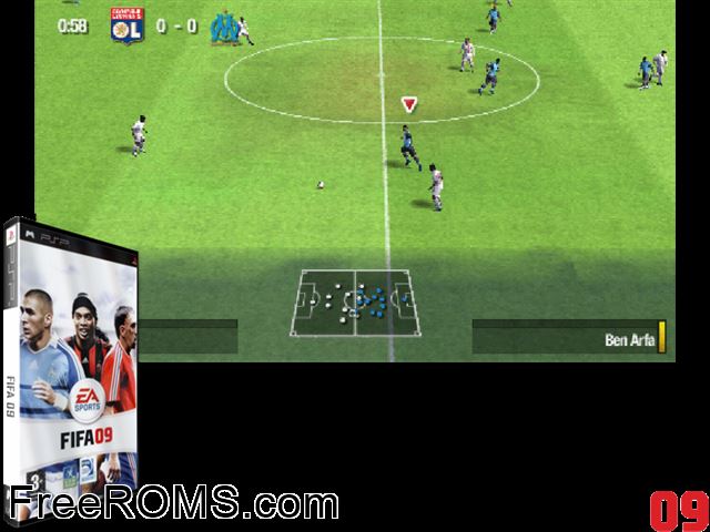 FIFA 09 (France) PSP game showing 3D box cover and gameplay screenshot