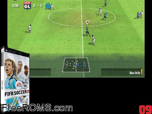 FIFA 09 (Germany) PSP game showing 3D box cover and gameplay screenshot