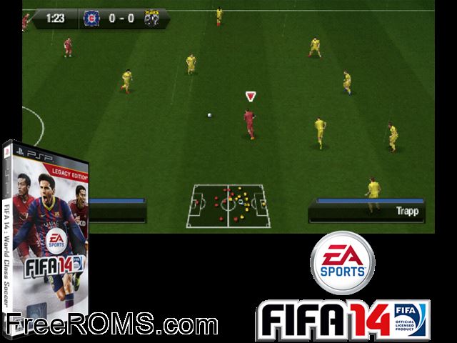FIFA 14 - Legacy Edition Europe PSP game showing 3D box cover and gameplay screenshot
