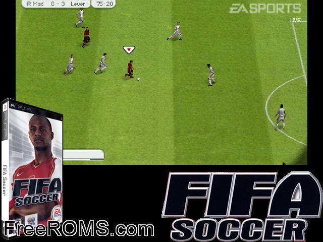 FIFA Soccer PSP game showing 3D box cover and gameplay screenshot