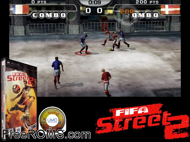 FIFA Street 2 (Europe) PSP game showing 3D box cover and gameplay screenshot