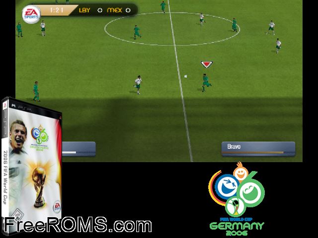 FIFA World Cup - Germany 2006 (Germany) PSP game showing 3D box cover and gameplay screenshot