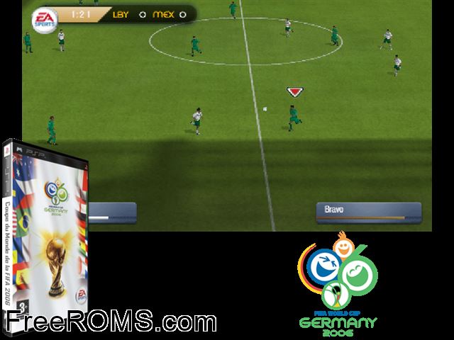 FIFA World Cup - Germany 2006 (Japan) PSP game showing 3D box cover and gameplay screenshot