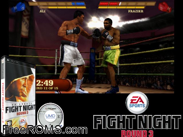 Fight Night Round 3 (Europe) PSP game showing 3D box cover and gameplay screenshot