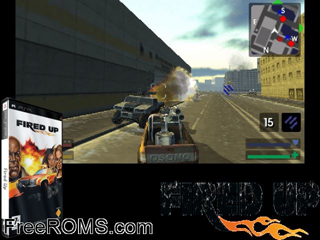 Fired Up (Europe) PSP game showing 3D box cover and gameplay screenshot