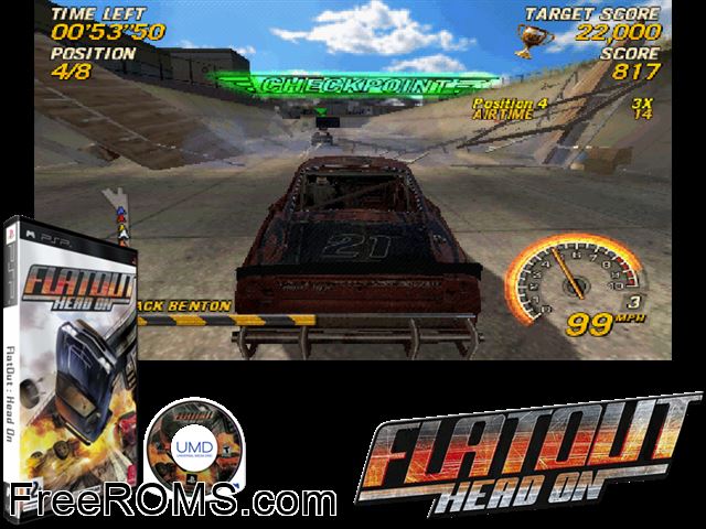 Flatout - Head On PSP game showing 3D box cover and gameplay screenshot