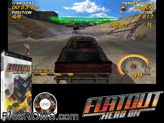 Flatout - Head on (Germany) PSP game showing 3D box cover and gameplay screenshot