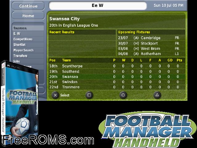 Football Manager Handheld (Europe) PSP game showing 3D box cover and gameplay screenshot