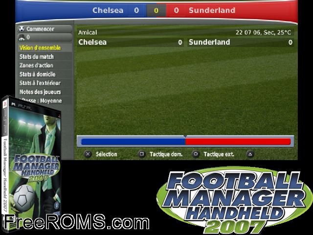 Football Manager Handheld 2007 (Europe) PSP game showing 3D box cover and gameplay screenshot
