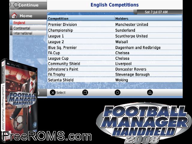 Football Manager Handheld 2008 (Europe) PSP game showing 3D box cover and gameplay screenshot