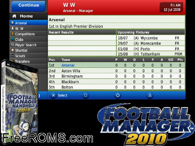 Football Manager Handheld 2010 (Europe) PSP game showing 3D box cover and gameplay screenshot