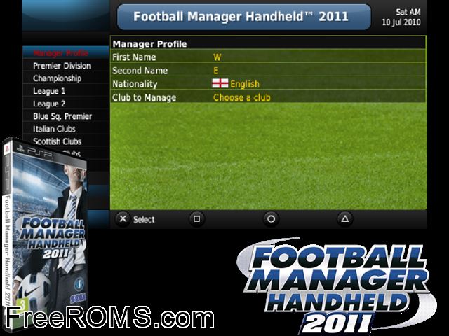 Football Manager Handheld 2011 (Europe) PSP game showing 3D box cover and gameplay screenshot