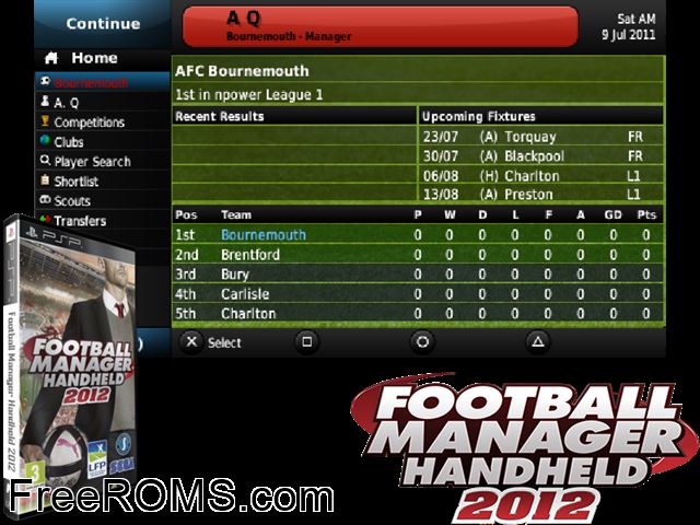 Football Manager Handheld 2012 (Europe) PSP game showing 3D box cover and gameplay screenshot