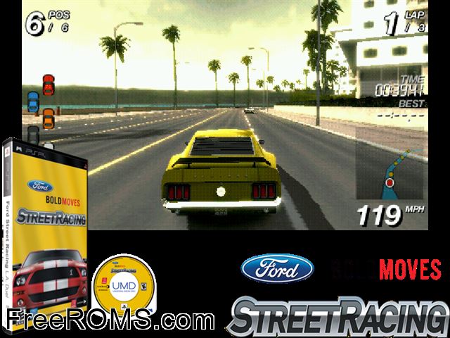 Ford Bold Moves Street Racing PSP game showing 3D box cover and gameplay screenshot