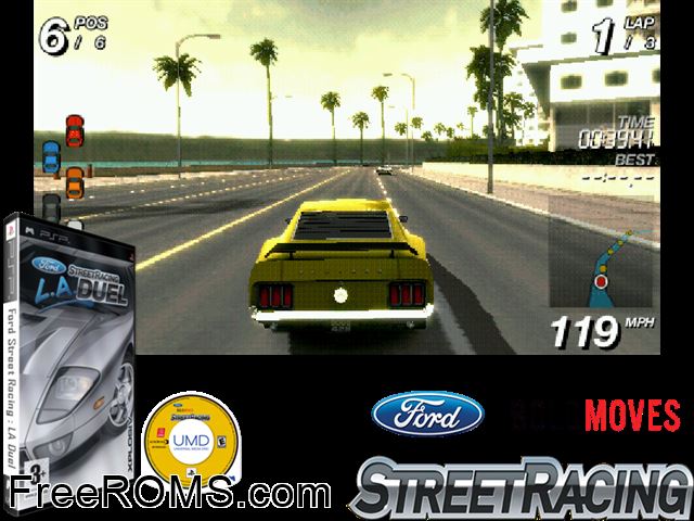 Ford Street Racing - L.A. Duel (Europe) PSP game showing 3D box cover and gameplay screenshot