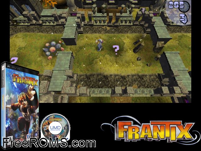 Frantix (Europe) PSP game showing 3D box cover and gameplay screenshot