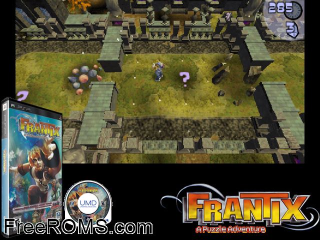 Frantix - a Puzzle Adventure PSP game showing 3D box cover and gameplay screenshot