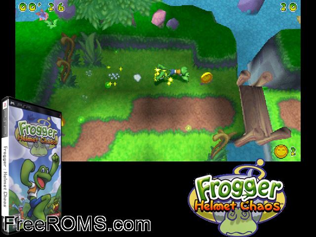 Frogger - Helmet Chaos PSP game showing 3D box cover and gameplay screenshot