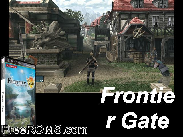 Frontier Gate (Japan) PSP game showing 3D box cover and gameplay screenshot